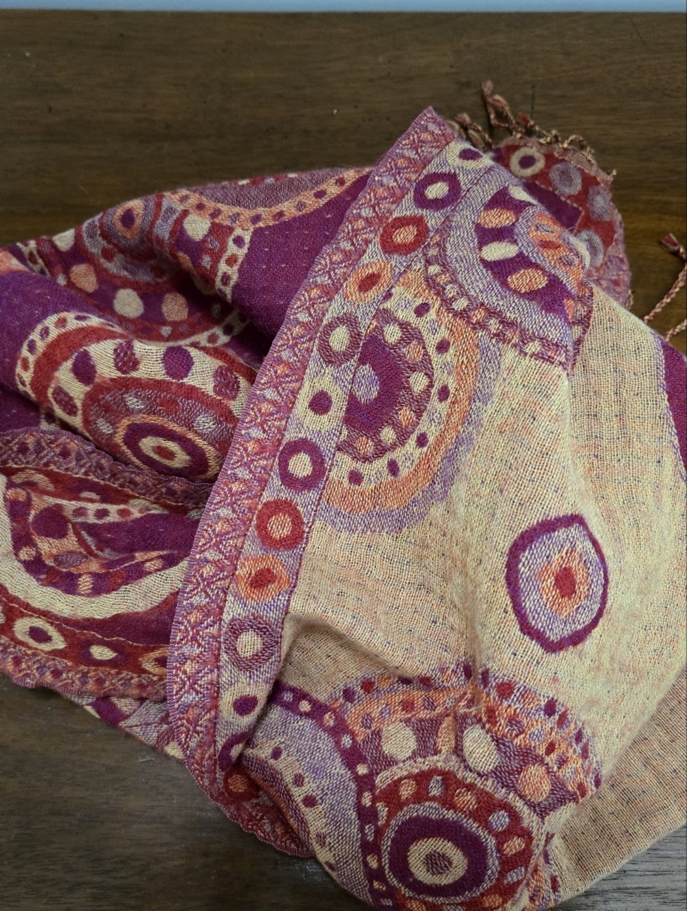 Boho Paisley Circle Pattern Scarf in Purple & Pink; Wool